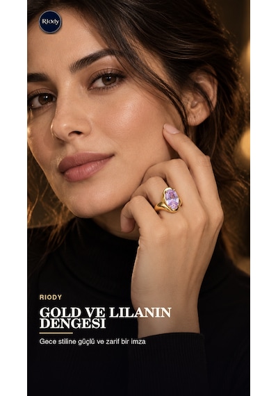Riody Aube Violette Gold Kaplama Doğal Lila Kedi Gözü Taşlı Açık Form Kadın Yüzük Altın Sarısı