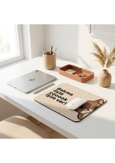 Tabloe Bakma Öyle Çok Işim Var Yazılı Tatlı Kedi Mouse Pad - 23x19 Cm - Kaydırmaz Tabanlı Kaliteli Fare Altlığı Mousepad Kahverengi