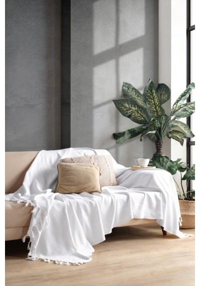Miracolo Home Beyaz Pamuklu Dekoratif Koltuk Örtüsü 170x230 Boyutlu Optimal Kaymaz Tasarım