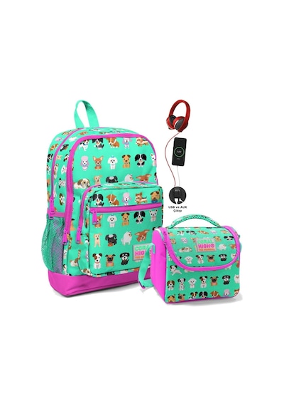 Coral High Okul Çantası Ve Beslenme Çantası Seti - Kız Çocuk Yeşil Pembe Köpek - Usb Soketli