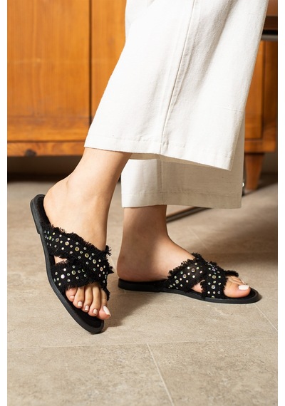 Dabab Shoes İnka Kadın Hasır Dokulu Kuş Gözü Detaylı Düz Siyah Terlik
