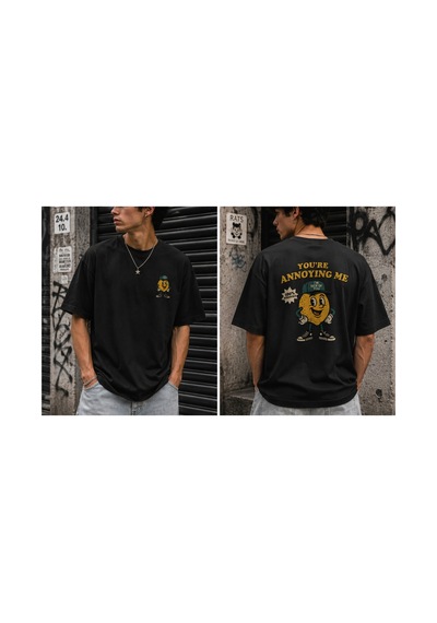 Qmen Style Unisex Siyah Oversize Baskılı T-shirt Limon %100 Pamuk