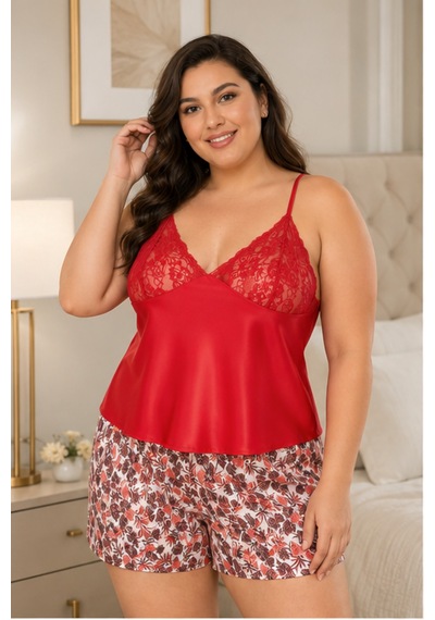 Loule Büyük Beden Kırmızı Dantel Üst Çiçekli Şort Pijama Takımı