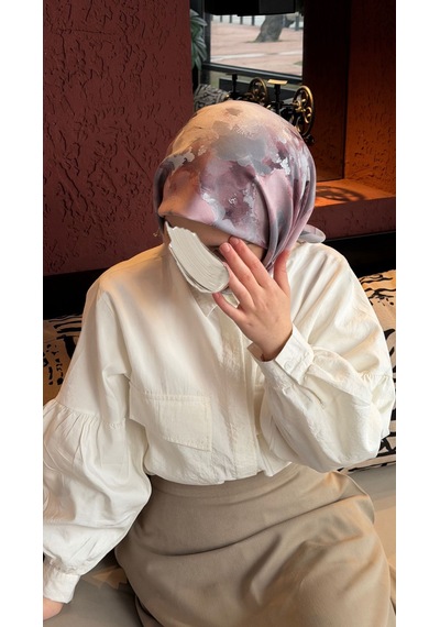 Qalortex Scarf Pamuklu Soft Roza Desen Eşarp-gumus/gul Kurusu gül kurusu