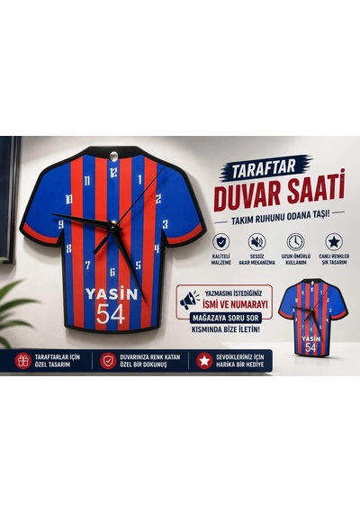 İsimli Taraftar Duvar Saati , Kişiye Özel - Hediyelik İsimli Forma Duvar Saati - İsimli Bordo Mavi D Siyah
