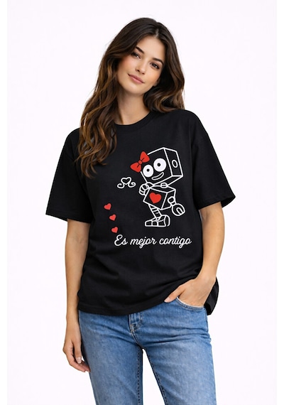 Sevgili Kombini Robot Baskılı Çift Tişört Oversize Unisex Partner Siyah