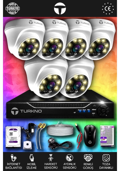 Turkno 6 Kameralı Domie 6 İç Kamera Set 250 GB HDD Full HD Renkli Gece Görüşlü Güvenlik Kamerası Sistemi