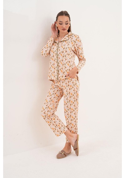 Çift Kaplan Kadın Pamuk Zeytin Desen Gömlek Yaka Yeşil Pijama Takımı 7032 Yeşil