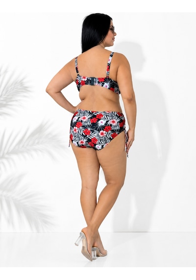Büyük Beden Kırmızı Çiçek Desenli Tül Detaylı Kapsız Telli Yüksek Bel Kadın Bikini Takım Büyük Beden Kırmızı Çiçek Desenli Tül Detaylı Kapsız Telli Yüksek Bel Kadın Bikini Takım