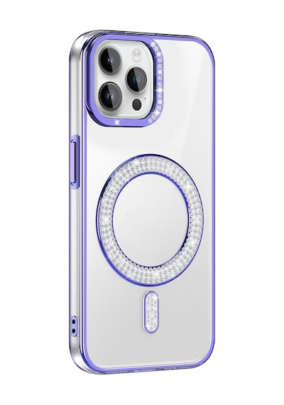 Apple Uyumlu iPhone 12 Pro Kılıf Pırlanta Taş Tasarımlı M-safe Şarj Özellikli Zore Karetta Silikon Kapak Mor