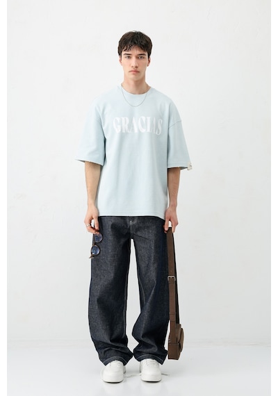 Vamos Oversize Baskılı Tişört V70-143 Bebe Mavi