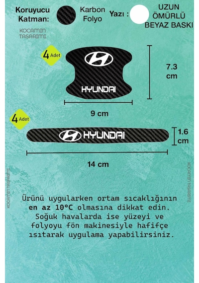 Yüksek Kaliteli Hyundai Standart Kapı Kolu Koruma Seti Karbon Desenli, 8 Parça Şık Beyaz Yazılı Folyo