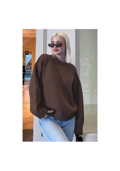 Flex Fashıon Kadın Kahverengi Trend Popüler Oversize Triko Kazak - Yumuşak Dokulu Bisiklet Yaka Kahverengi - 730329404 Kahverengi - 730329404 Kahverengi