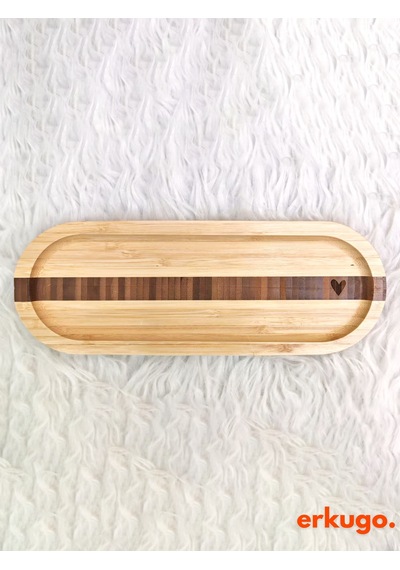 2 Adet Bambu Kalp Desenli Oval Servis Tabağı, Sunum Tabağı 25,5 X 9,5 Cm Bambu