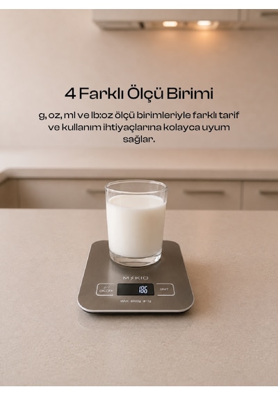 Hassas Mutfak Tartısı ,Dijital Ekranlı - Paslanmaz Mutfak Terazi ,1 Gram Hassas Ölçü ,Dara-TARE Fonksiyonu ,4 Farklı Ölçü Birimi g + oz + ml + ıb:oz