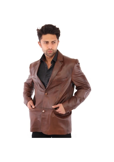 Hakiki Kuzu Derisi Blazer Düğmeli Erkek Deri Ceket Kahverengi Kahverengi