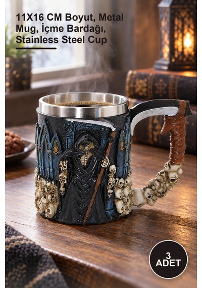 3 Adet Paslanmaz Çelik Kupa Bardak 11x16 Cm Boyut, Metal Mug, İçme Bardağı, Stainless Steel Cup