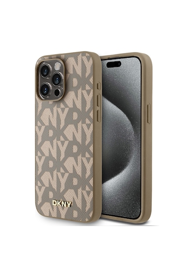 Apple Uyumlu iPhone 15 Pro Max Kılıf Dkny Lisanslı M-safe Şarj Özellikli 3d Yazılı Grid Pattern Kapak Kahverengi