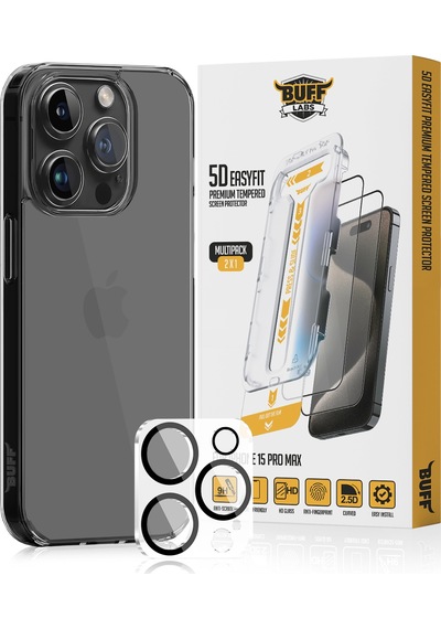 Buff Apple iPhone Uyumlu 15 Pro Max  Paket - Siyah Kılıf + Ekran Koruyucu + Lens Koruyucu - 5d Glass Şeffaf