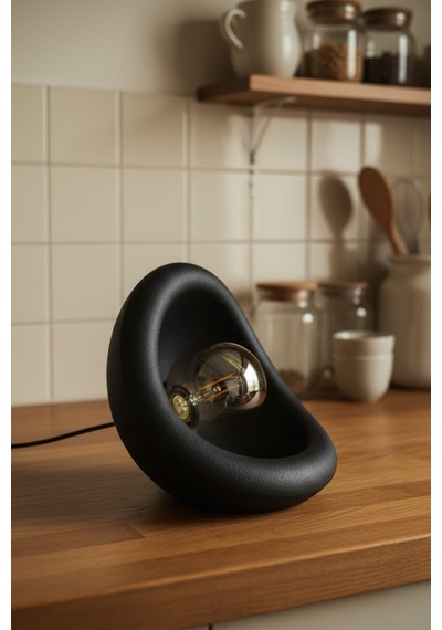 Modern Beton Dokulu Abajur Organik Oval Gece Lambası Masaüstü Komodin Lambası 25 Cm Siyah