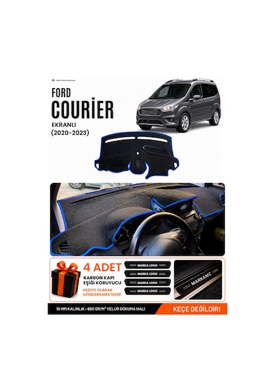 Ford Courier 2020-2023 Ekranlı Uyumlu Torpido Örtüsü, Torpido Kılıfı - Siyah Mavi