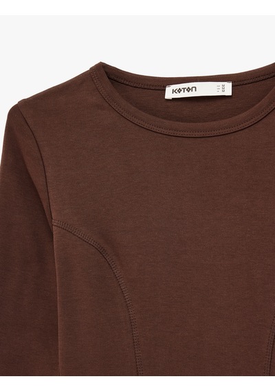 Koton Pamuklu Slim Fit Uzun Kollu Dikiş Detaylı Bisiklet Yaka Tişört Kahverengi 6sak50008pk Kahve