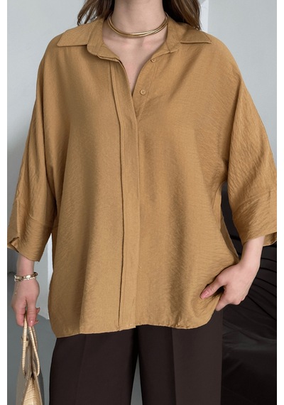 Paw Garage Kadın Evelyn Vizon Oversize Gömlek, Keten Ayrobin Ön Patlı Gömlek Vizon
