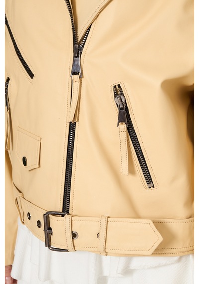 M M Marki Marki Kadın Hakiki Jumbo Deri Ceket Biker Tarz, Kemerli, Oversize, Apoletli, 65 Cm, Bej - 116622x