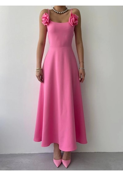 Defymoda Matilda Gül İp Askılı Elbise Pembe