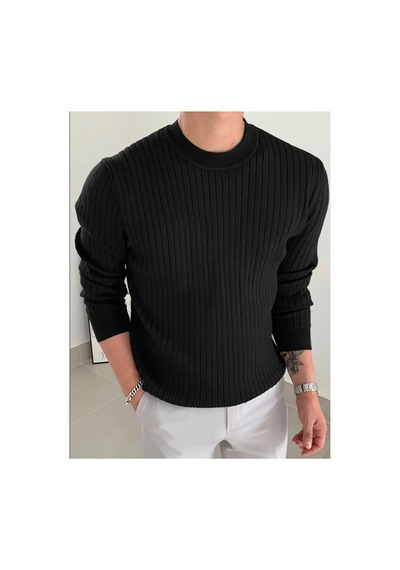 Cool Tarz Erkek Siyah Bisiklet Yaka Slim Fit Triko Kazak Siyah Siyah