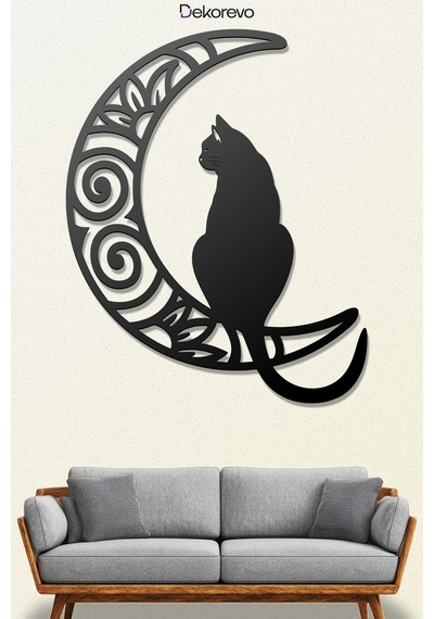 Aydaki Kedi Metal Duvar Tablosu - Metal Duvar Sanatı - Siyah - 60 X 75 Cm