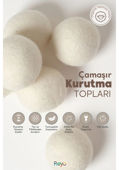 Yün Çamaşır Kurutma Makinası Topu 3 Adet Xl %100 Organik Renkli