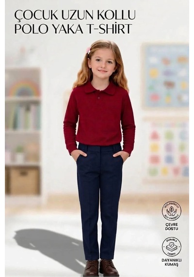 Erdem Kıds Unisex Kız Erkek Çocuk Polo Yaka Pamuklu Uzun Kol Bordo Günlük Basic Okul Tişört