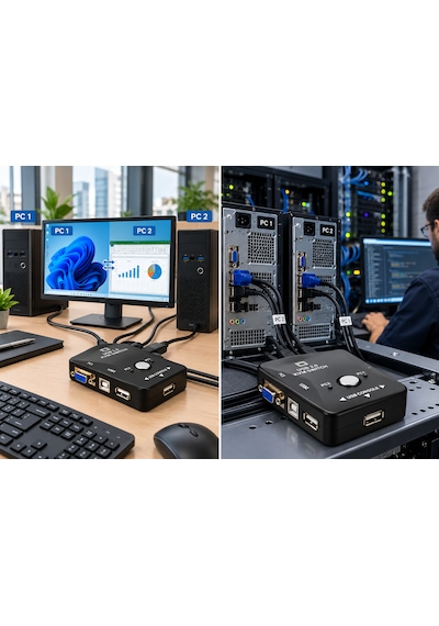 2 Port Usb Kvm Switch 2 Bilgisayar Tek Monitör Klavye Mouse Paylaştırıcı Vga Bağlantılı Usb 2.0 Çoklu Pc Kontrol Cihazı