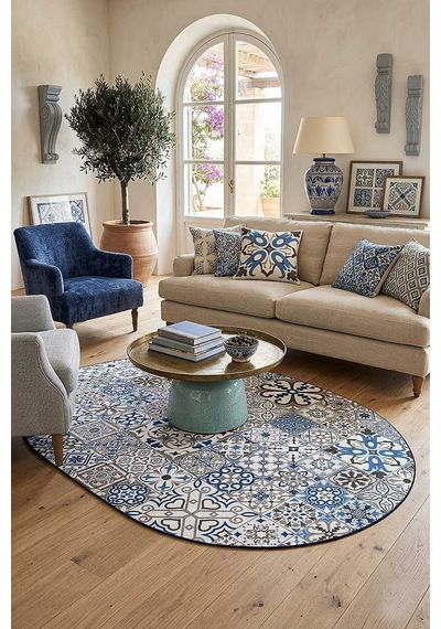 Frenda Home Çini Desenli Pamuk Taban Yıkanabilir Baskılı Oval Halı Mavi