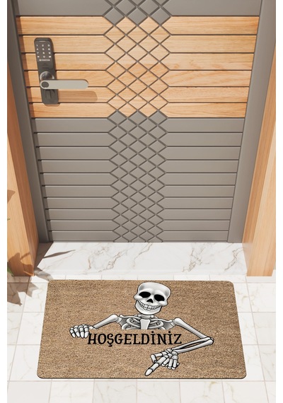 Rugmood Modern Dijtal Baskı Kahverengi Hoşgeldiniz İskelet Kapı Önü Paspası