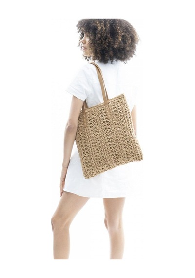 Deri Saplı Fermuarlı İç Cepli Kare Örgü Yazlık Sahil Plaj Beachwear Hasır Örgü İthal Çanta Camel