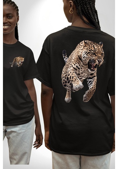 Jaguar Sırtından Çıkan Siyah Oversize Unisex Ön Ve Sırt Baskılı Tişört Siyah