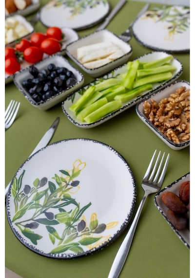 14 Parça 6 Kişilik Seramik Kahvaltı Takımı Zeytin Desenli Yuvarlak Kahvaltı Seti Beyaz - Yeşil