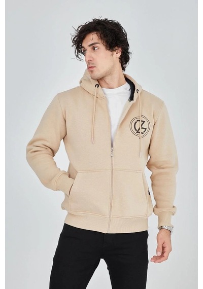 Erkek 3 İplik Pamuklu Fermuarlı Kapüşonlu Kanguru Cepli Baskılı Hoodie Hırka Sweatshirt - Bej Bej