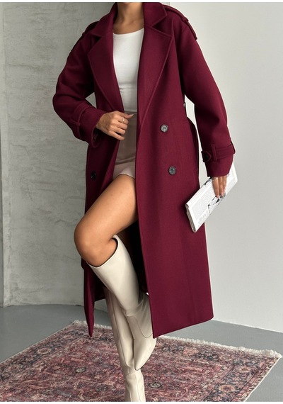 Orjinal Blue B Laura Kuşaklı Yeni Sezon Astarlı Premium Kalite Rahat Kalıp Kadın Kaşe Kaban Bordo&2 Bordo&2