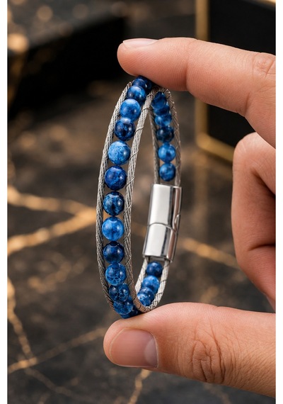Erkek Çelik Lapis Lazuli Doğal Taş Bileklik Çift Sıra Örgü Tasarım Şık Modern Bileklik Lacivert