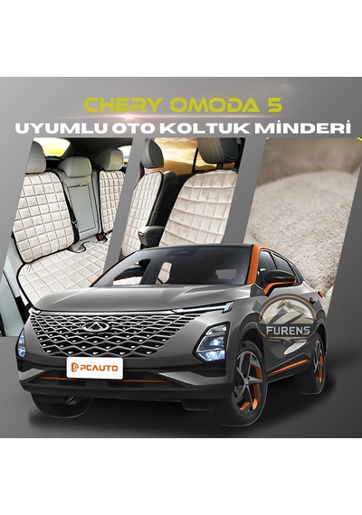 Chery Omoda 5 Bej Renk Tay Tüyü Cepli & Terletmez Sırtlı Oto Koltuk Minder Seti - Koltuk Koruma Kılıfı Ön & Arka Tam Set