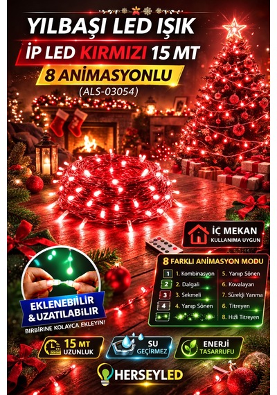 Yılbaşı Led Işık İp Led Kırmızı 15 Mt 8 Anımasyon Eklenemez Kırmızı