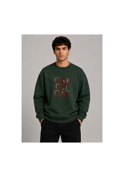 Herkesemoda Ran Out Baskı Detaylı Bisiklet Yaka Şardonlu 2 İplik Sweatshirt Yeşil