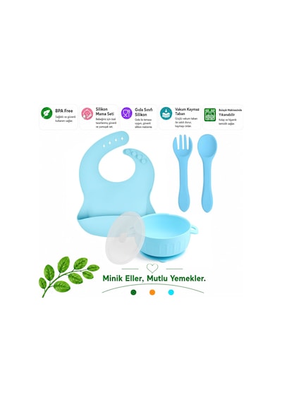 Silikon Beslenme Seti Silikon Vakumlu Kapaklı Mama Kase , Silikon Önlük, Silikon Kaşık