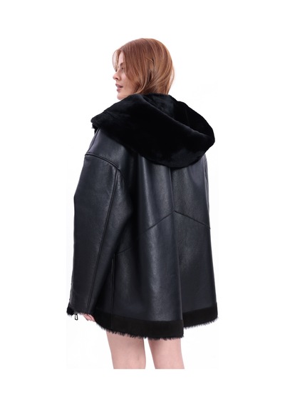 M M Marki Marki Hakiki Deri Kadın Mont Siyah İçi Kürklü Kapüşonlu Oversize Fermuarlı 67 Cm - 120322