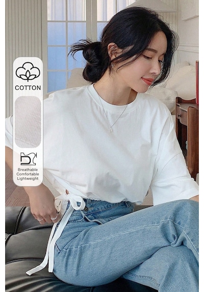 Kadın Oversize Basic Haki Tişört Yan Bağlamalı Rahat Kesim Günlük Yazlık T-shirt Beyaz