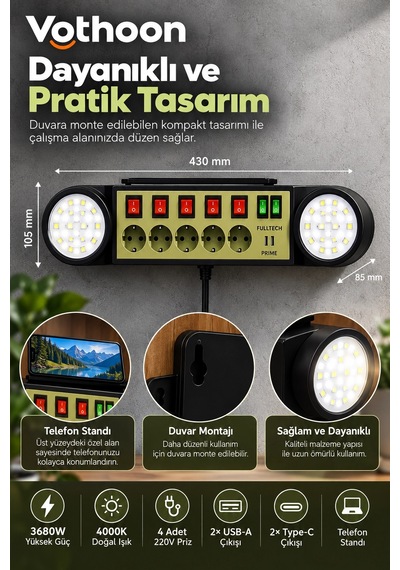 Akıllı Masaüstü Duvar Tipi Akım Korumalı 5 Li Priz 3680w Led Işıklı Usb-a Type-c Telefon Standlı Diğer