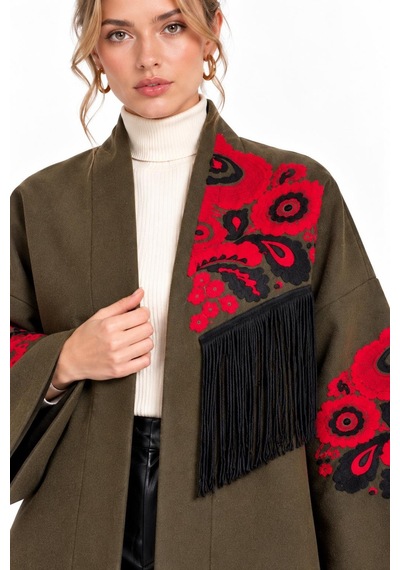 Saade Haki Etnik Çiçek Nakışlı Püsküllü Kimono Ceket